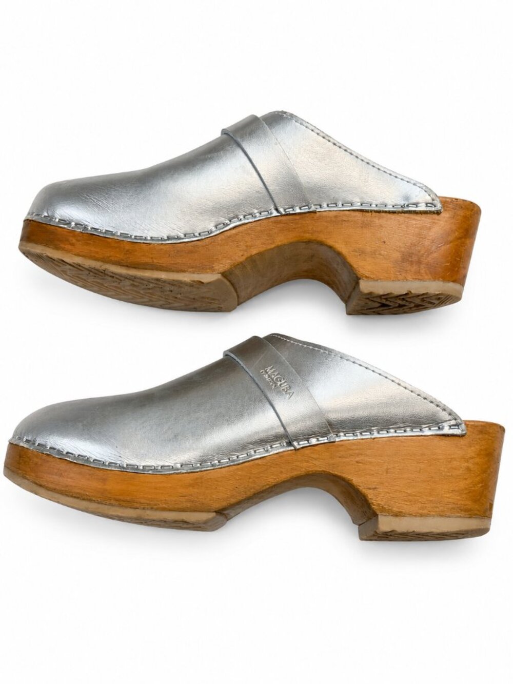 Maguba Berkeley Metallic Silver Leather Wooden Clogs EU 38 US 8 to 8.5